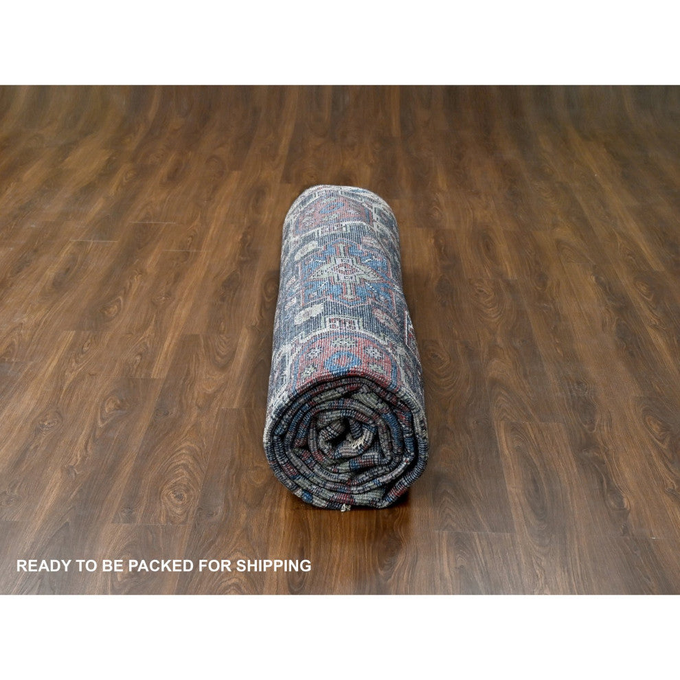 Charcoal Black Geometric Design Pure Wool Hand Knotted Oversized Rug 12'x14'10"