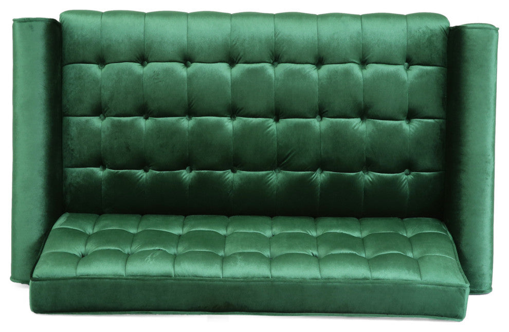 Aubrie Tufted Velvet Loveseat With Gold Tipped Tapered Legs, Emerald, Gold Finish