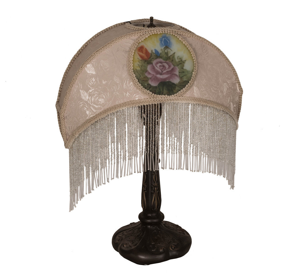 21 High Reverse Painted Roses Fabric with Fringe Table Lamp