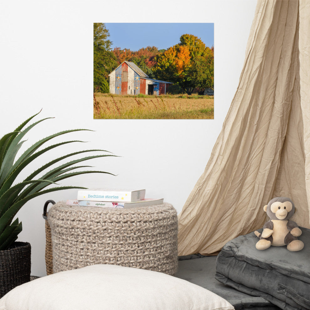 Patriotic Barn in Field Landscape Photo, Rural Unframed Wall Art Print, 16" X 20"