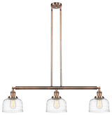 Large Bell 3 Light Island Light, Antique Copper, Clear Deco Swirl