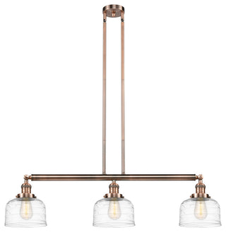 Large Bell 3 Light Island Light, Antique Copper, Clear Deco Swirl
