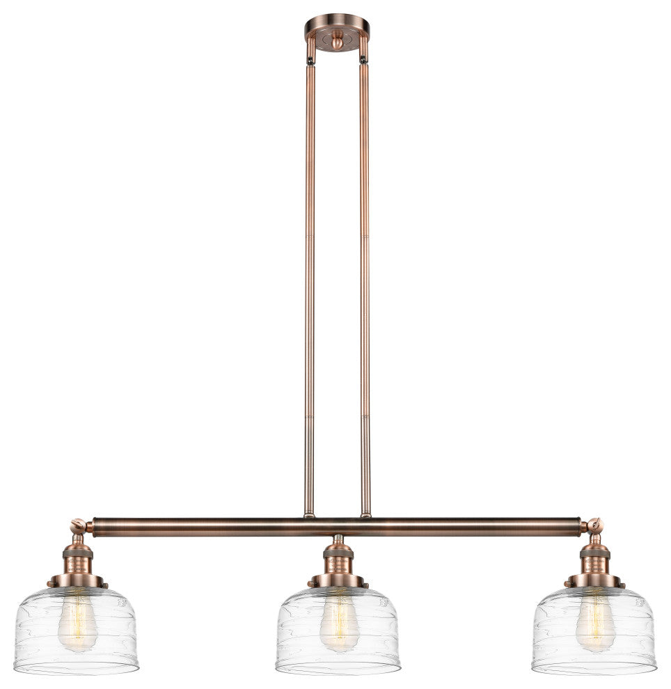 Large Bell 3 Light Island Light, Antique Copper, Clear Deco Swirl