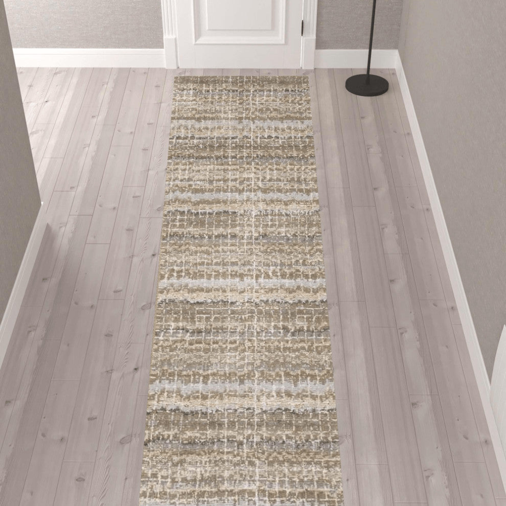 12' Runner Ivory Grey Tan and Brown Abstract Power Loom Runner Rug