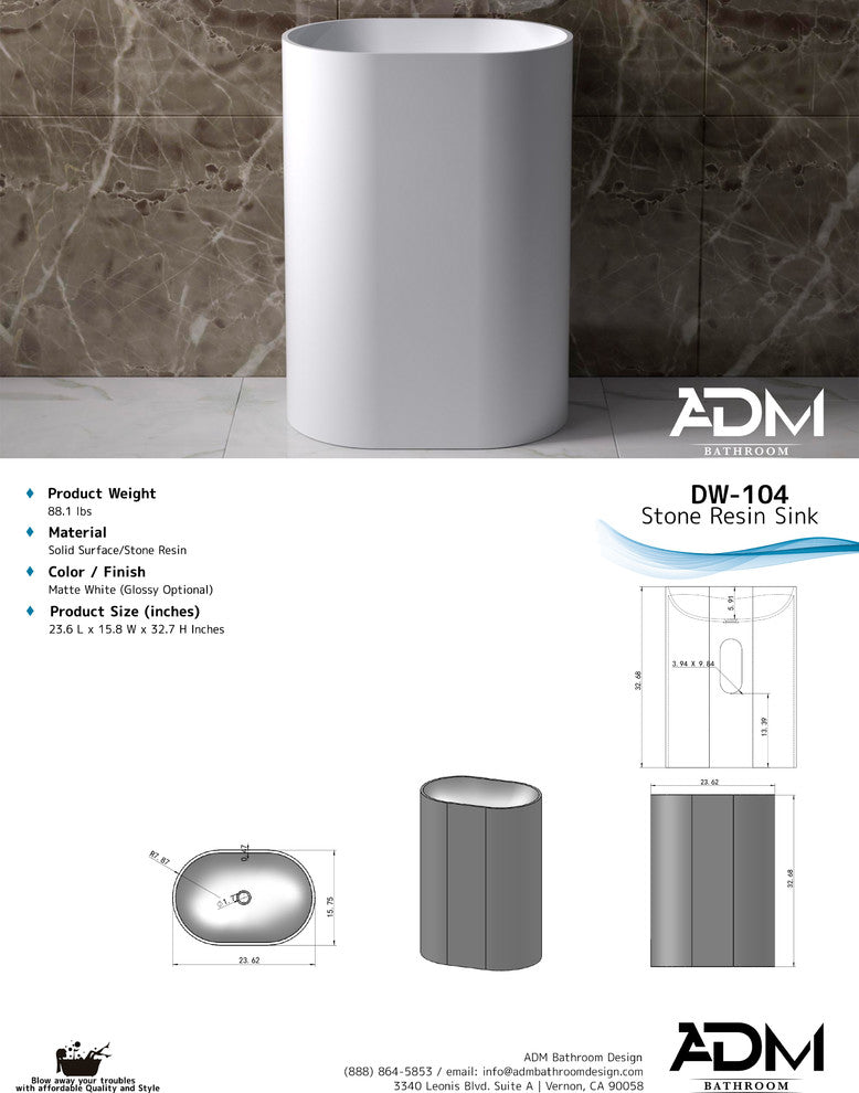 ADM Oval Freestanding Pedestal Sink, White, 24", Glossy White