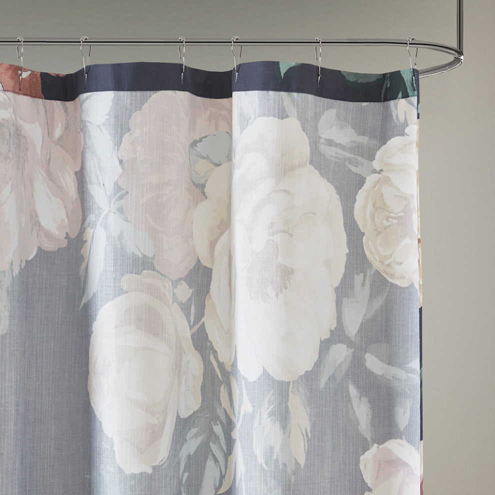 Madison Park Charisma Floral Cotton Boucle Slub Shower Curtain, Navy Blue