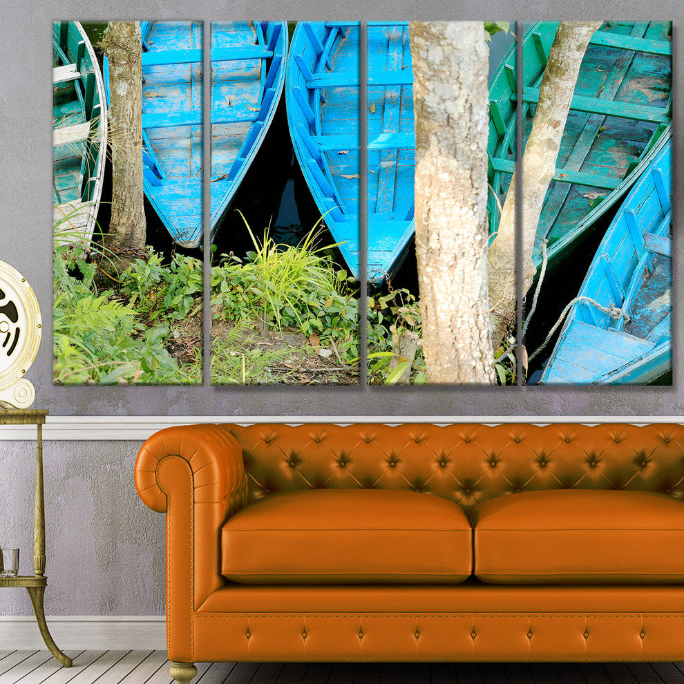 Blue Boats on Lake Phewa, Boat Canvas Art Print, 48"x28", 4 Panels
