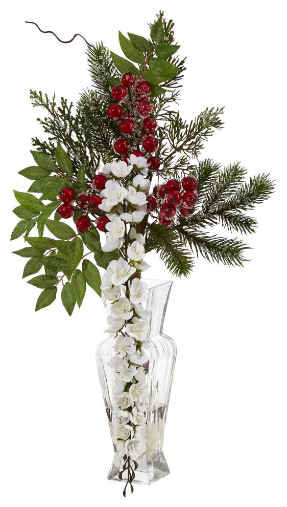 25" Wisteria, Iced Pine and Berries Artificial Arrangement, Glass Vase