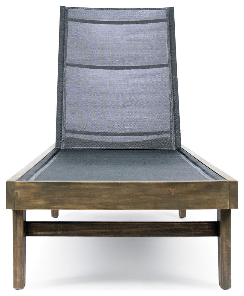 GDF Studio Della Outdoor Mesh Chaise Lounge With Acacia Wood Frame, Gray/Dark Gray