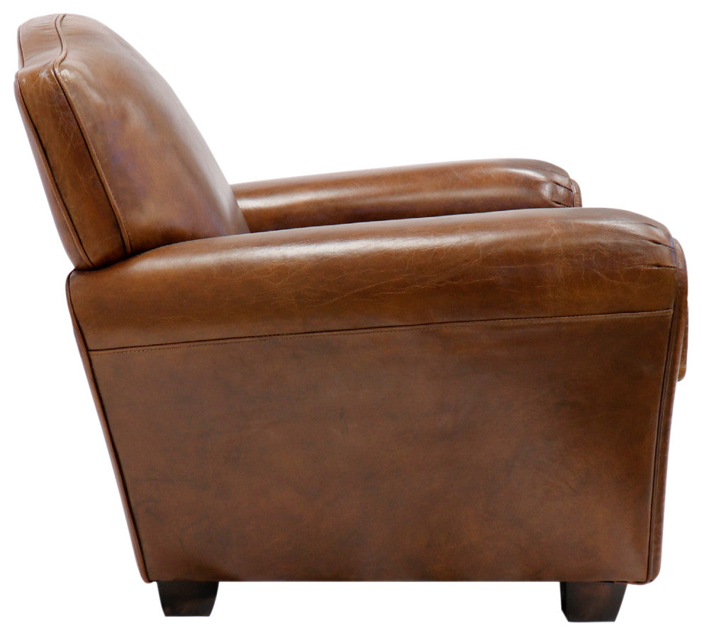 Pasargad Home Palermo Genuine Leather Wing Chair, Brown