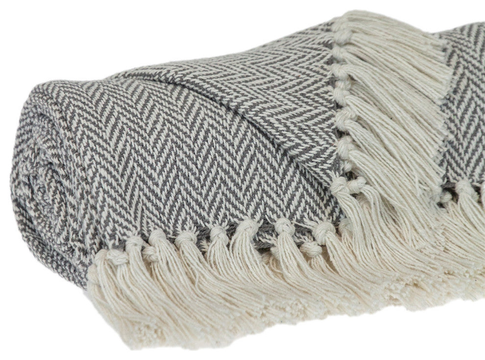 Handloomed Light Gray Cotton Throw Blanket With Tassels