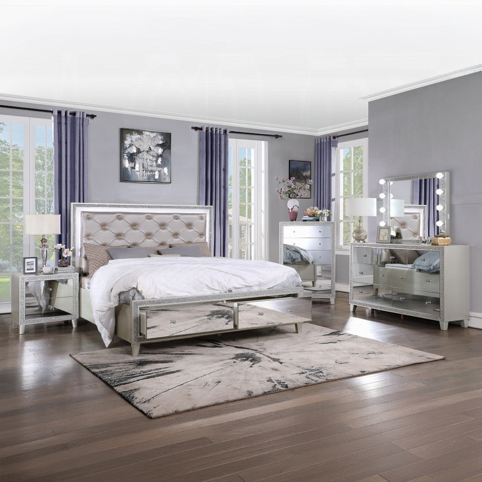 ACME Sliverfluff Eastern King Bed With Storage, PU and Champagne