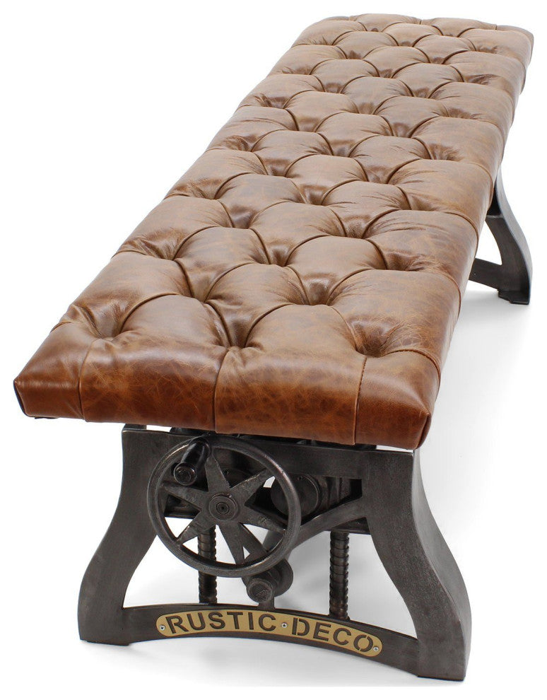 Crescent Industrial Dining Bench - Adjustable Iron Base - Brown Leather Seat
