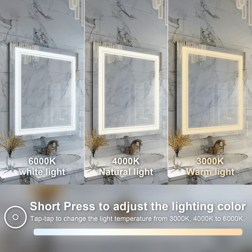 Frameless LED Lighted Bathroom Mirror With Defogger Dimmer, 20"x28"