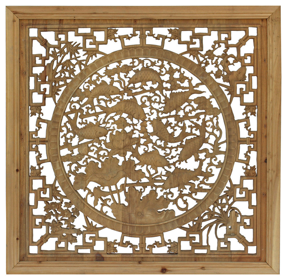 Chinese Square Flower Fishes Wooden Wall Plaque Panel Hcs4287