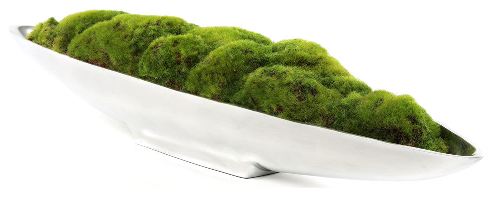 Faux Green Grass Moss Arrangement, Small Metal Boat Tray
