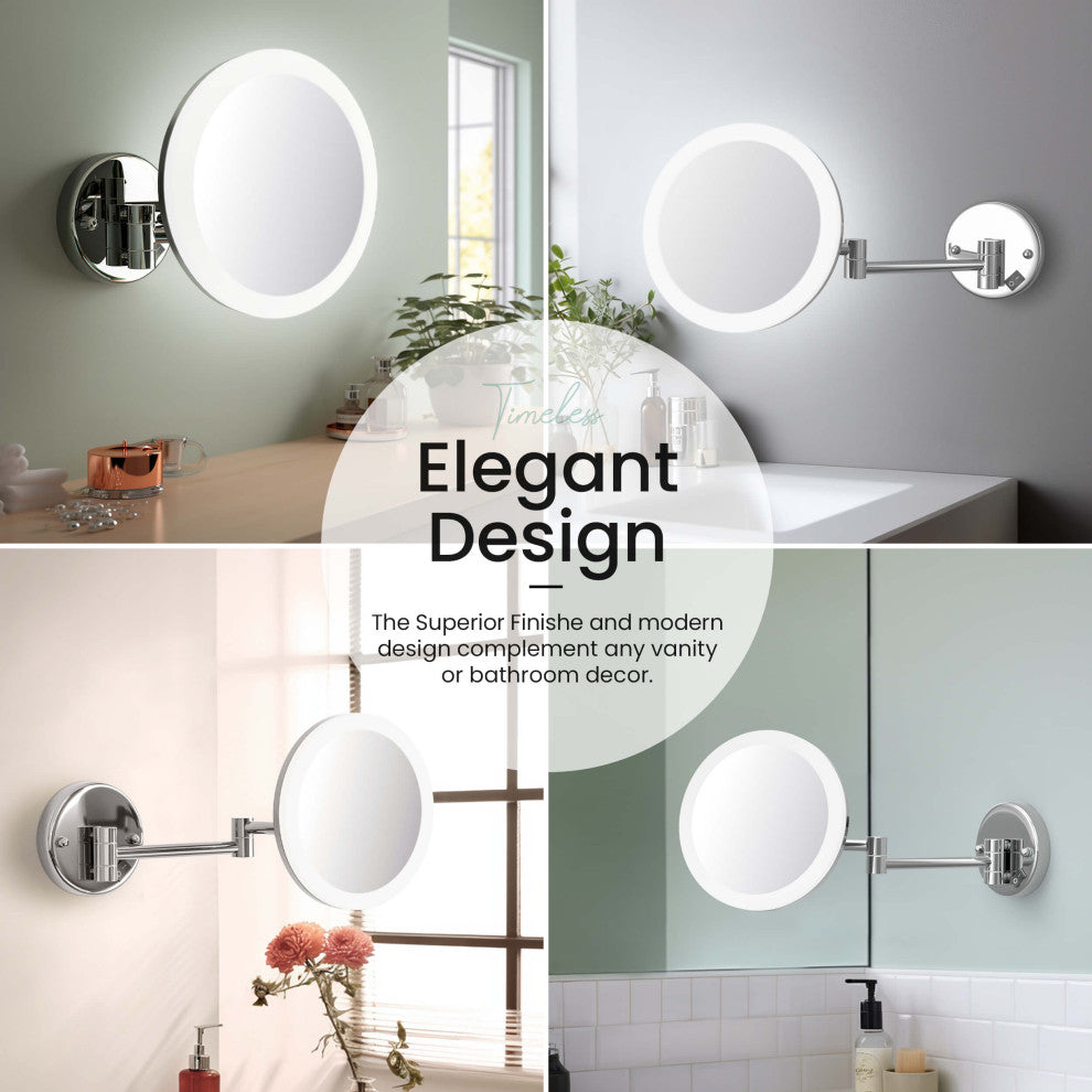 Circular LED Wall Mount One Side 5x Magnifying Make Up Mirror, Chrome