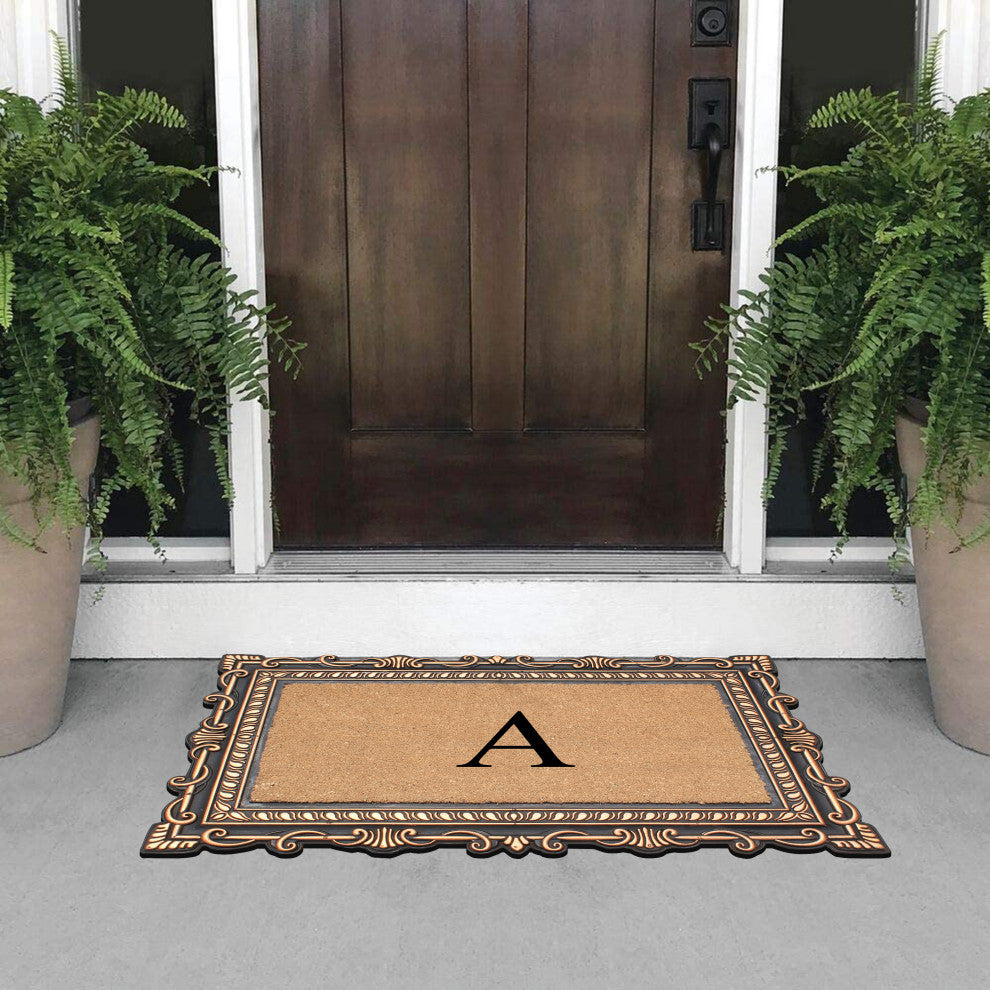 Carson Bronze/Beige Rubber And Coir 24"x36", Monogrammed Doormat, A