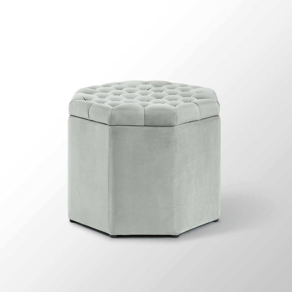 25" Light Gray Velvet And Black Tufted Specialty Storage