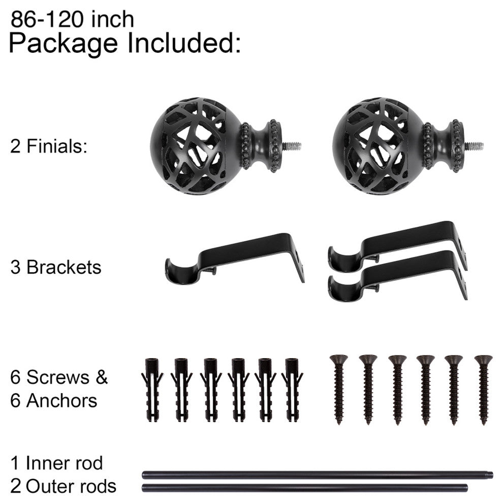 UTOPIA ALLEY 3/4" Single Adjustable Curtain rods for Windows, Black, 86"-120"