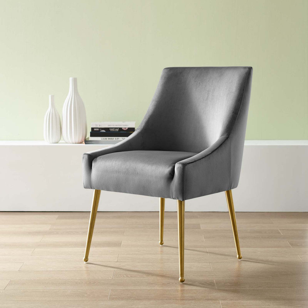 Contemporary Dining Room Side Dining Chair, Velvet Stainless Metal, Grey Gray