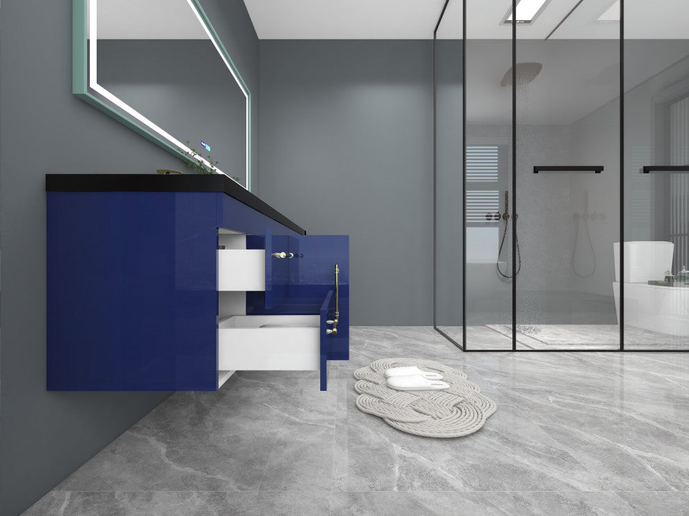 Rosa 84" Wall Mounted Modern Vanity, High Gloss Night Blue, Matt Black Top