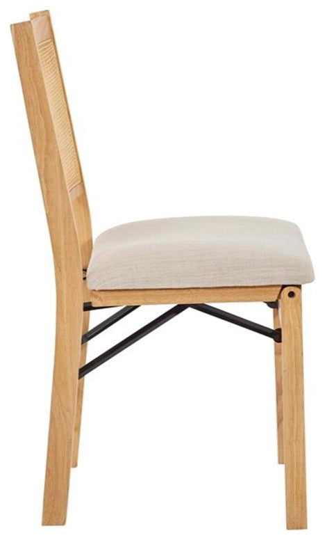 Linon Lorna Folding Side Chair Woven Cane Back Beige Padded Seat in Natural Wood