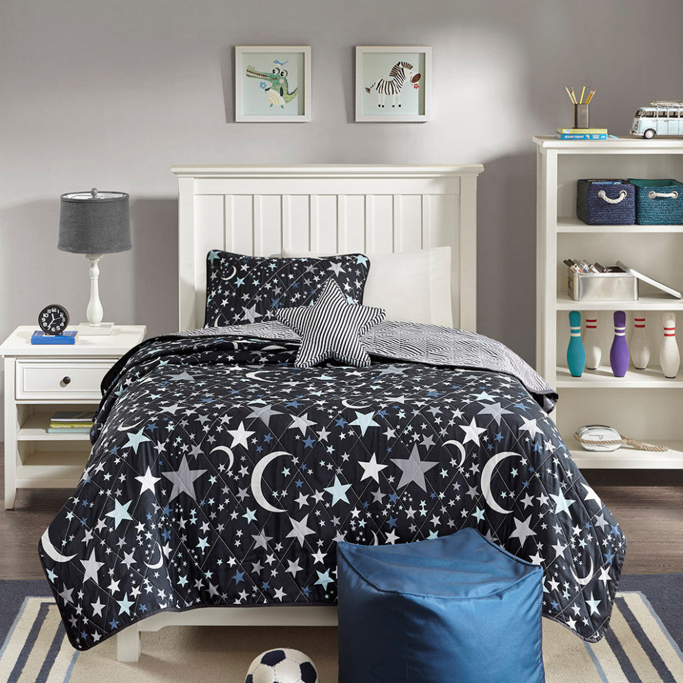 Mi Zone Kids Starry Night Stars Coverlet Set, Black, Antimicrobial, Twin