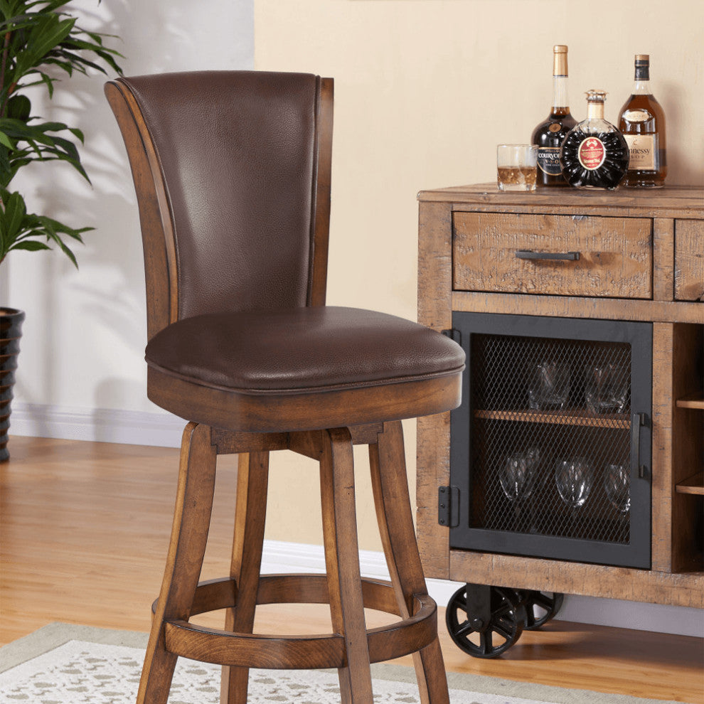 45" Brown Faux Leather And Solid Wood Swivel Bar Height Chair