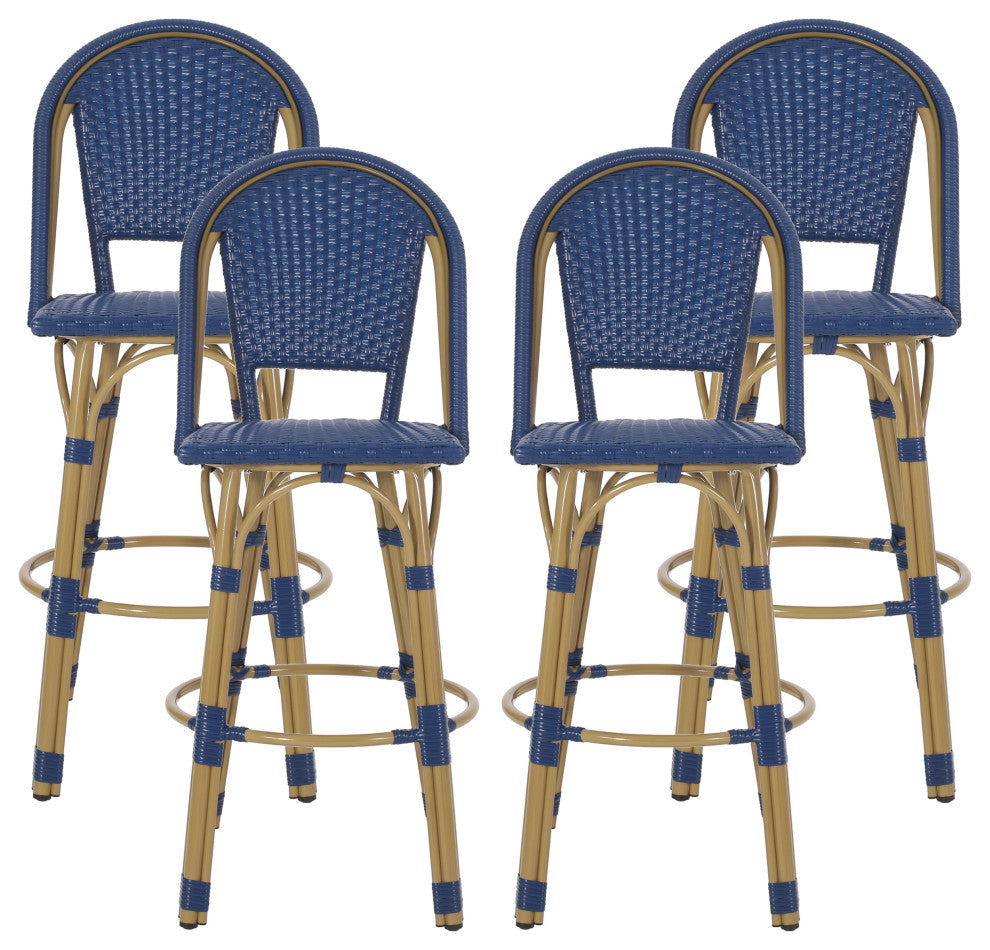 Cotterell Outdoor French Wicker and Aluminum 29.5" Barstools, Set of 4, Navy Blue/Bamboo Finish