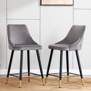 Set of 2 Button Tufted Velvet Bar Counter Stools, Grey, 24''