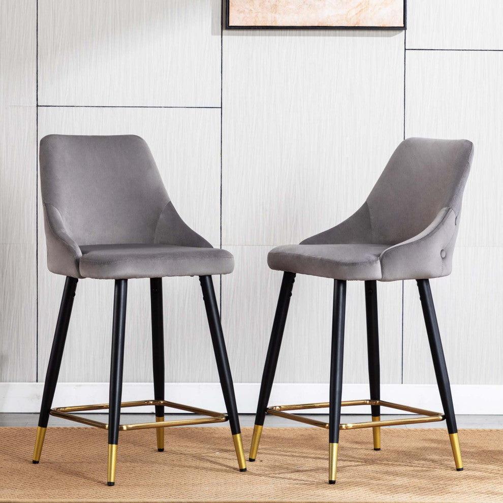 Set of 2 Button Tufted Velvet Bar Counter Stools, Grey, 24''