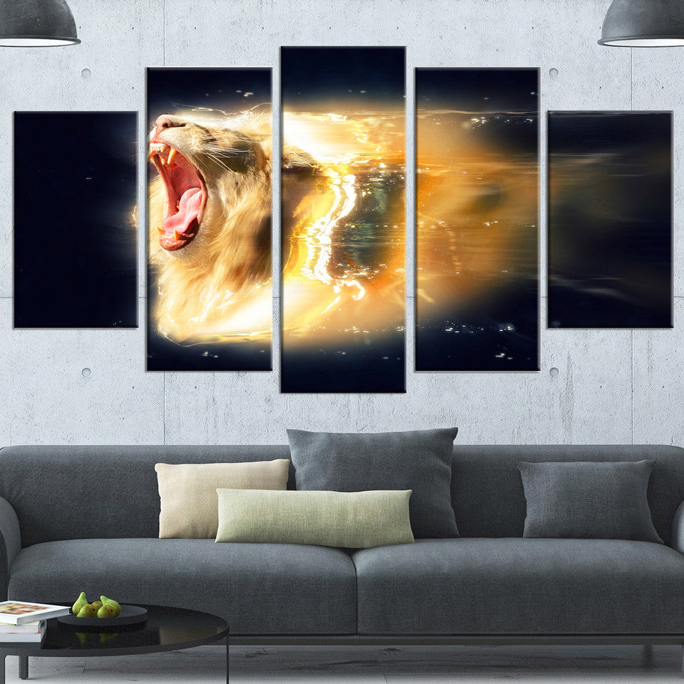 White Lion with Open Jaws, Animal Canvas Wall Art, 60"x32", 5 Panels