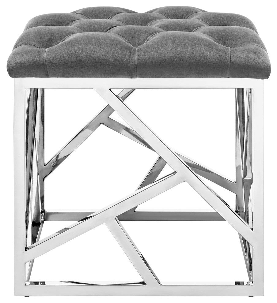 Modern Accent Chair Ottoman, Velvet Fabric Metal Steel, Gray