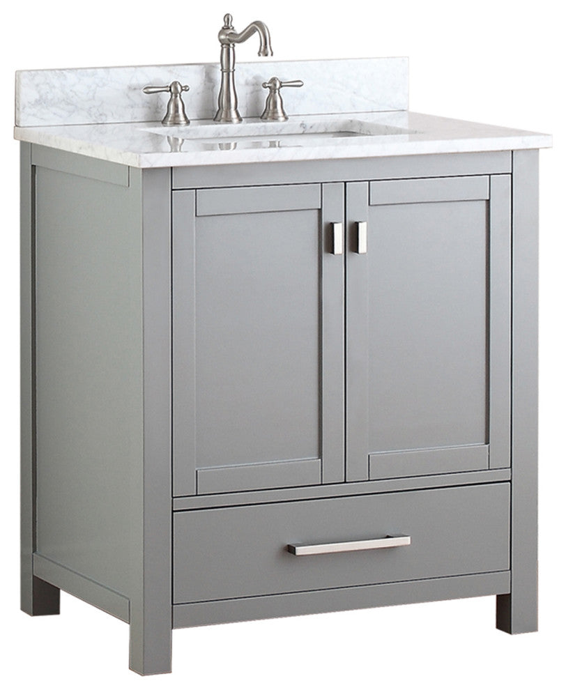 Avanity Modero 30" Vanity, Chilled Gray Finish, Carrera White Marble Top