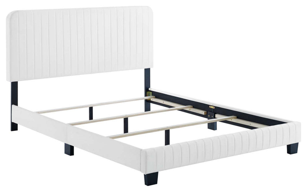 Tufted Platform Bed Frame, Queen Size, Velvet, White, Modern Contemporary