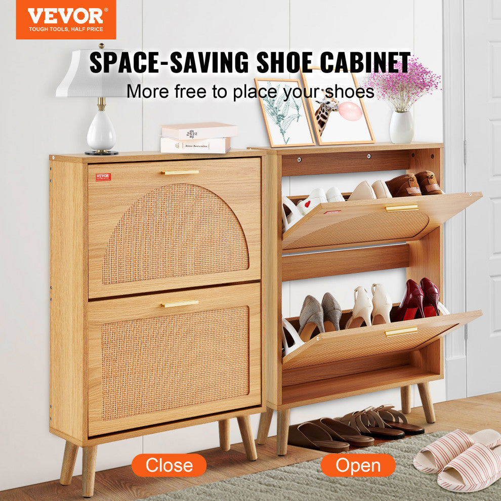 VEVOR Shoe Cabinet with 2 Flip Drawers Rattan Shoe Storage Cabinet for Entryway