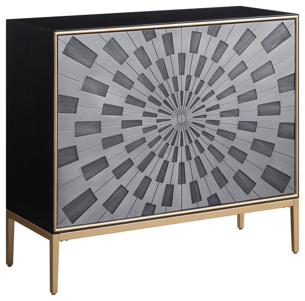 Benzara BM251338 Console Table With 2 Doors and Sunburst Design, Gray