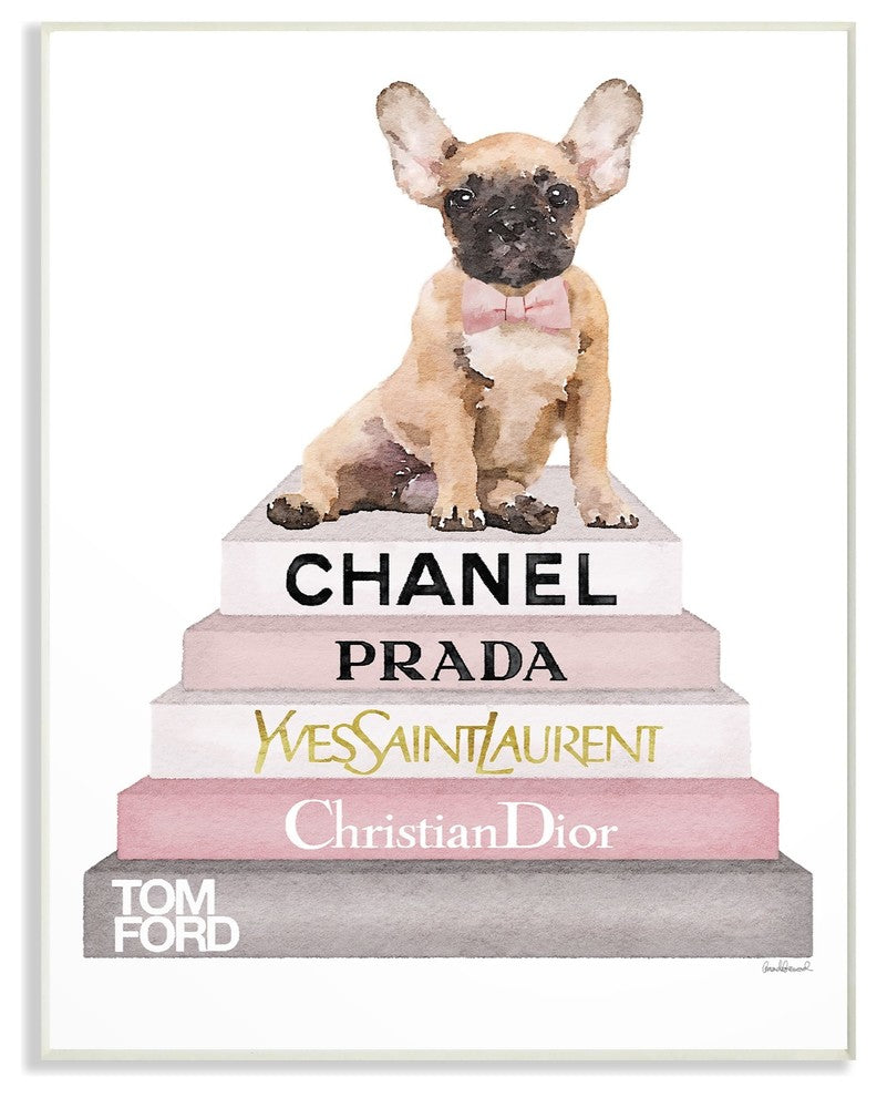 Book Stack Dog Pink Gray Watercolor Illustration Wall Plaque Art, 13"x19"