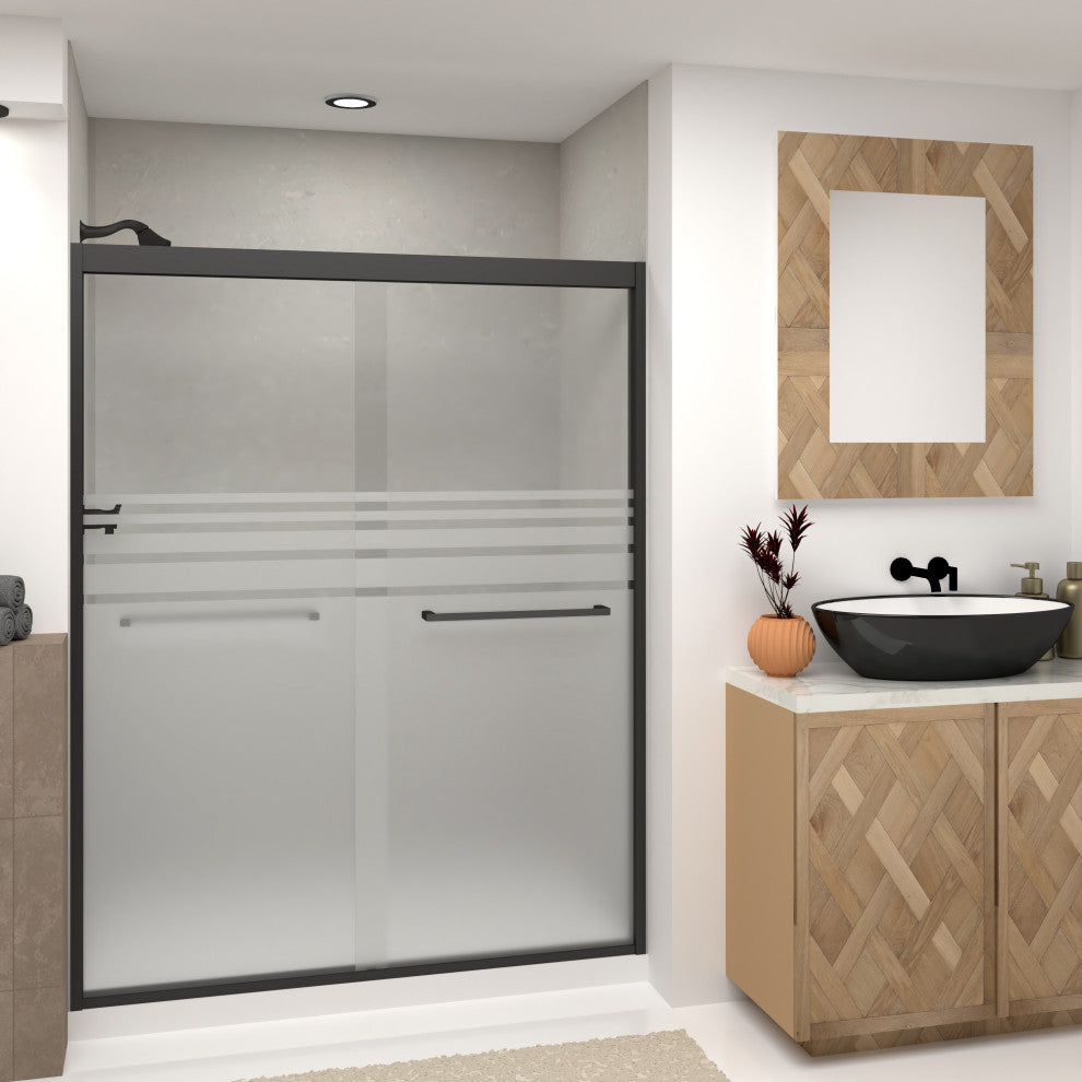 Frederick 59 in. W x 76 in. H Shower Door in Matte Black with Frosted Glass