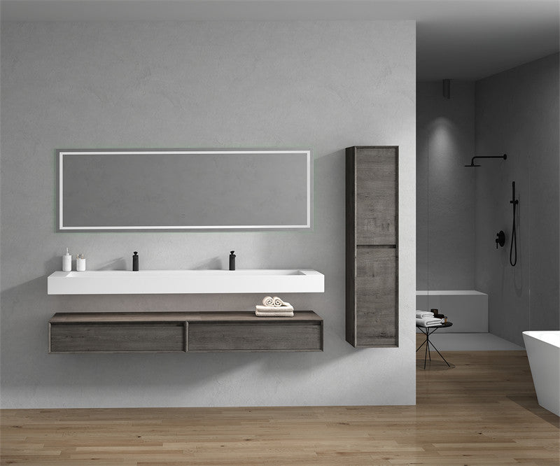 Alysa 84'' Floating Vanity, Acrylic Sink, Double Faucet Hole, Smoke Oak
