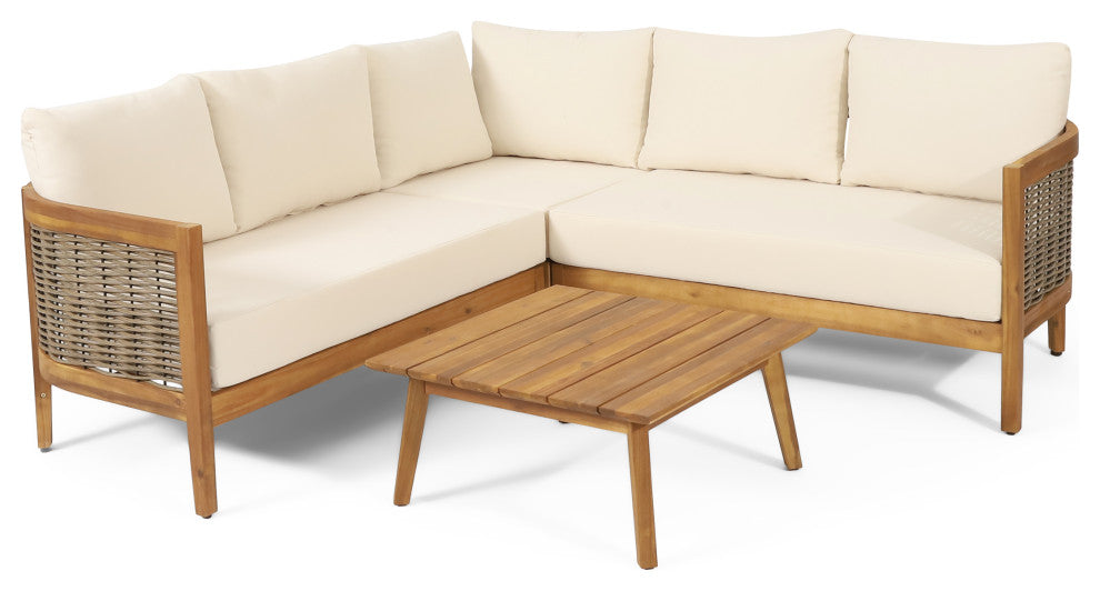 The Crowne Outdoor Acacia Wood and Round Wicker 5 Seater Sectional Sofa Chat Set