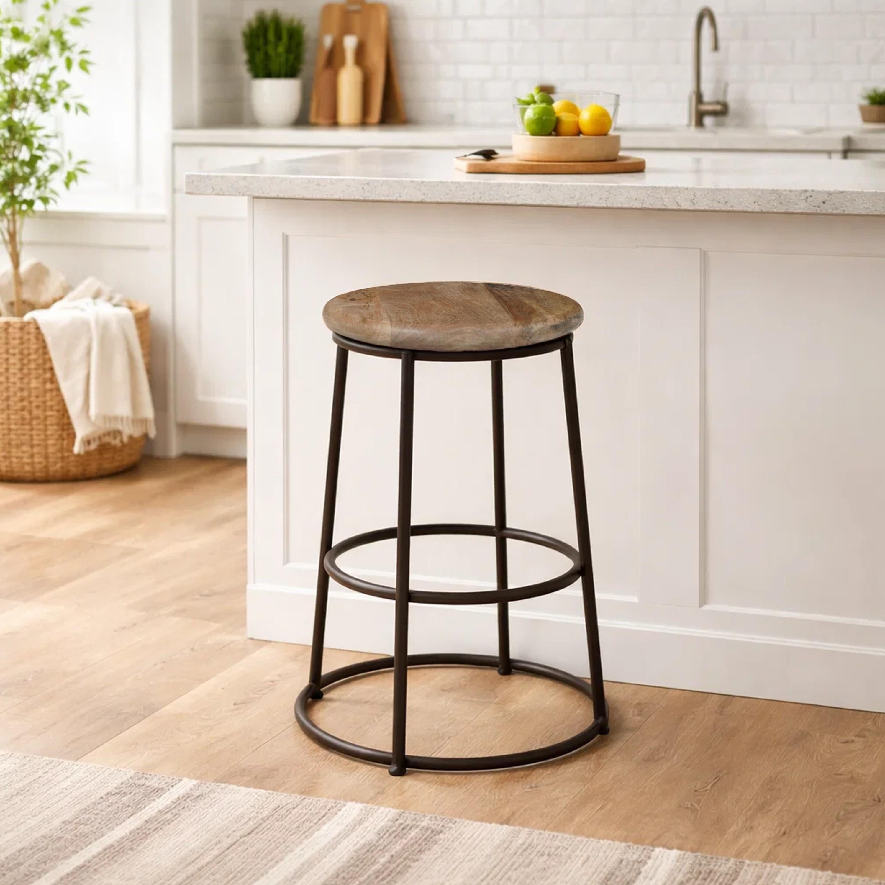 24" Mango Wood Counter Height Barstool With Iron Base Brown And Black