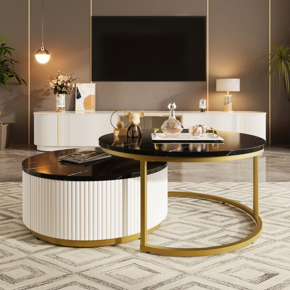 Gewnee Modern Round Nesting Coffee Table Fluted, Black