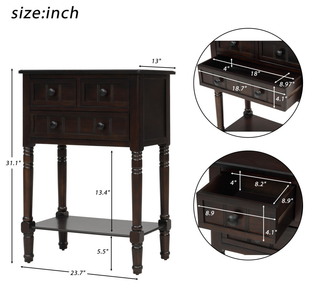 Narrow Console Table with Three Storage Drawers, Espresso
