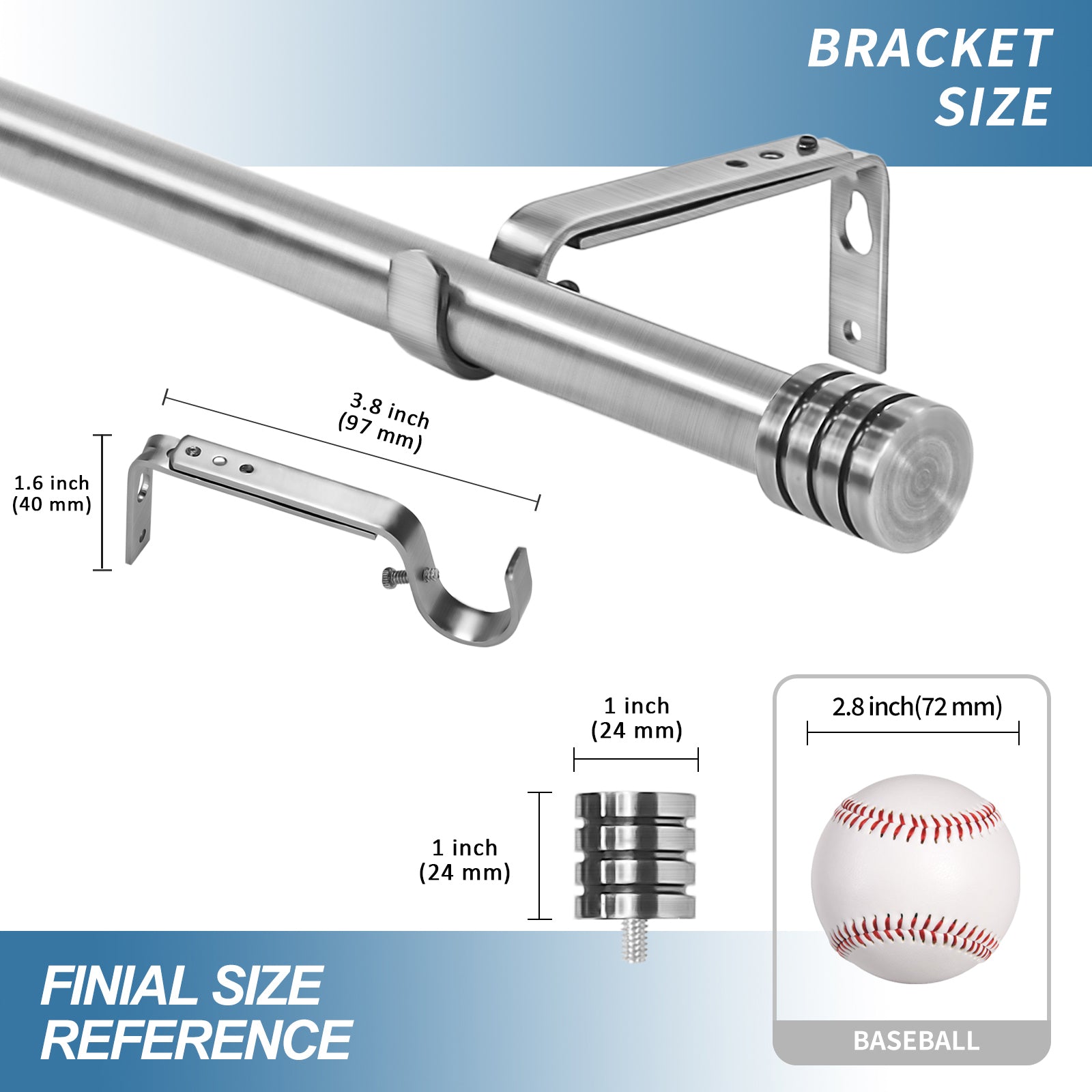 Adjustable Spire Curtain 5/8" Rod, 28"-48", Brushed Steel