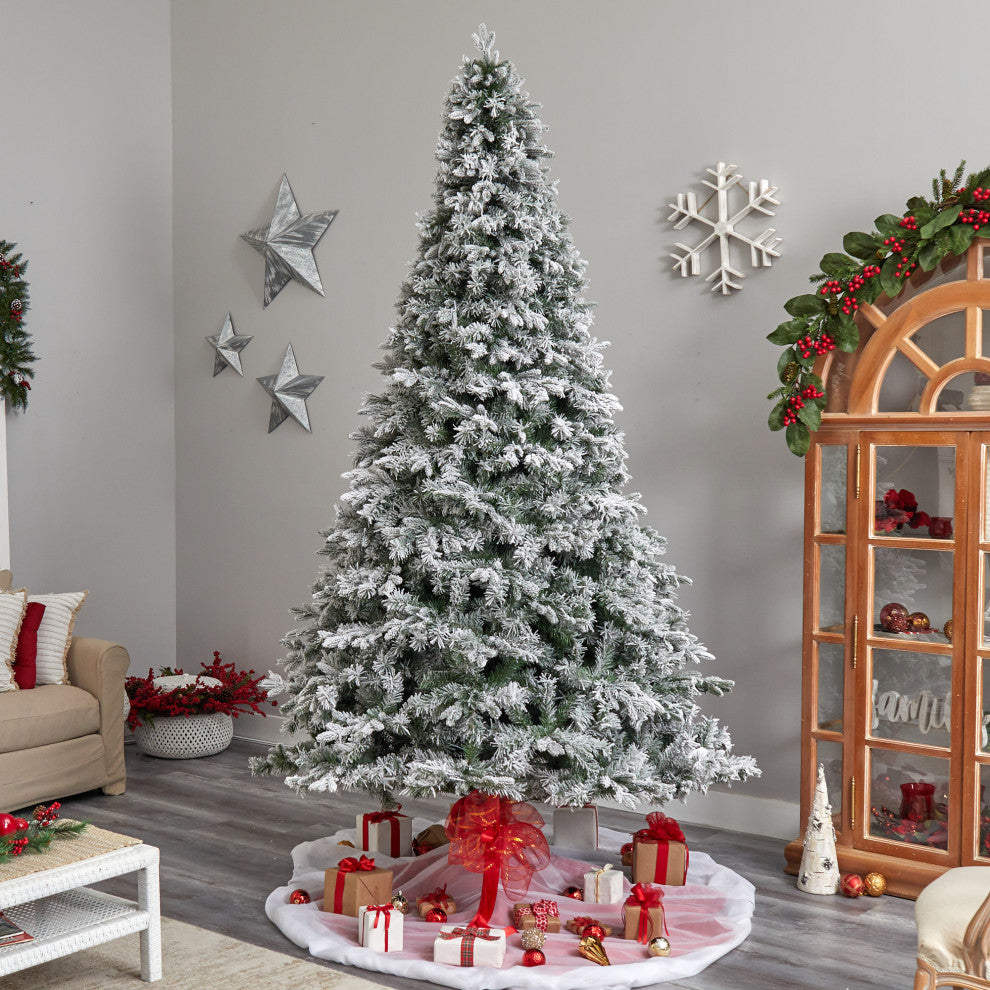 10' Flocked Vermont Mixed Pine Artificial Christmas Tree With 800 LED Lights
