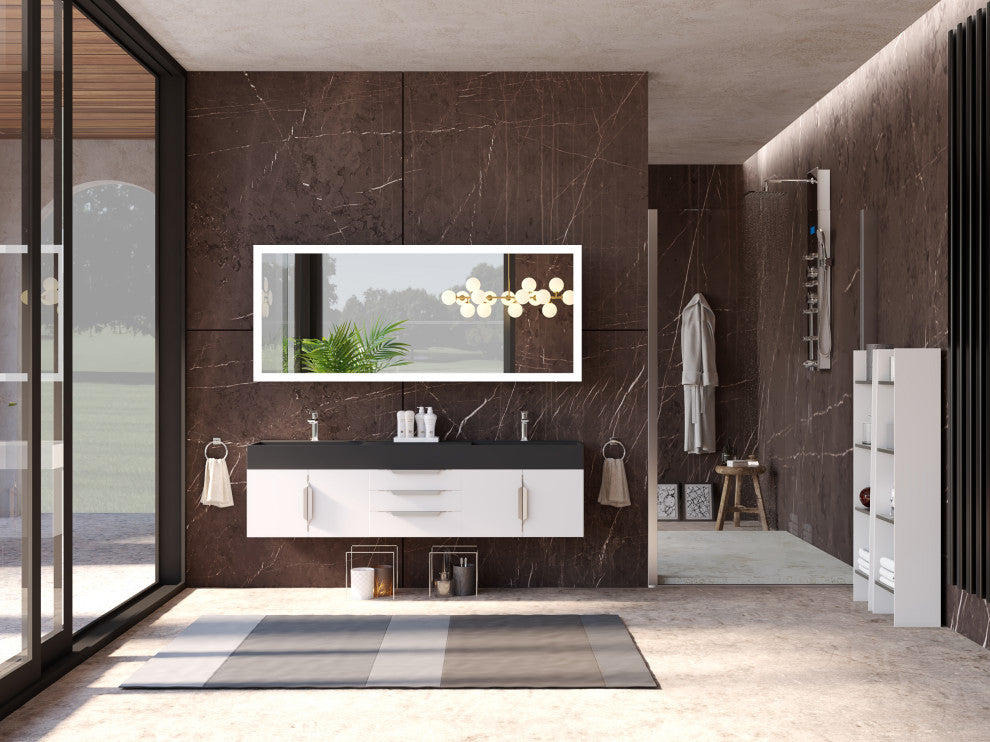 CastelloUSA Amazon 72" Wall Mounted Vanity Set, White, Black Top, Chrome Handles