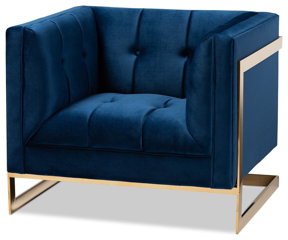 Rolland Royal Blue Velvet Button Tufted Armchair With Gold-Tone Frame
