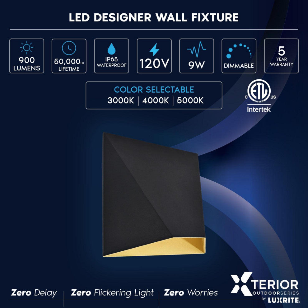 Luxrite Outdoor LED Black and Gold Wall Sconce 3CCT 6" IP65 ETL Listed
